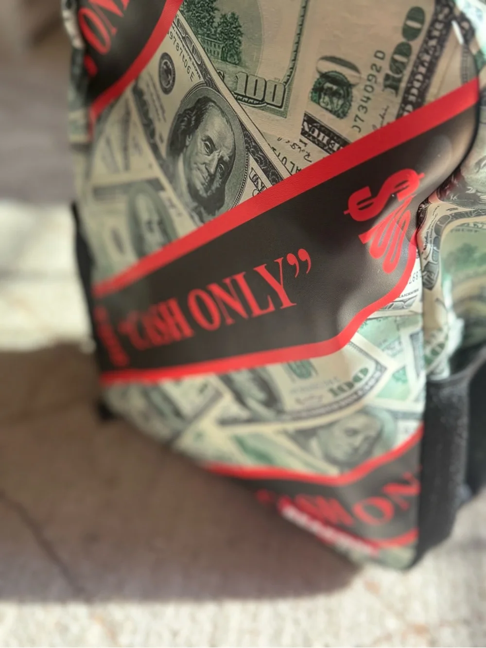 Reason Cash Only $100 Bill Money Print Backpack Black Red Green NWT